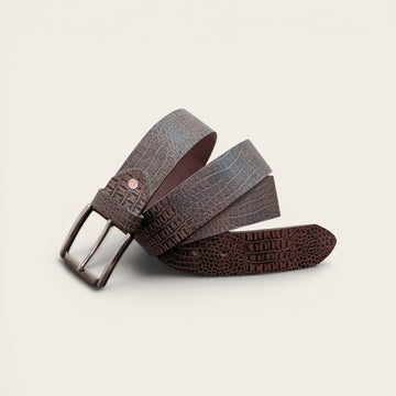 Croco Brown Leather Belt for Men – Crocodile Texture Dual Prong Pin Buckle Formal Casual Belt